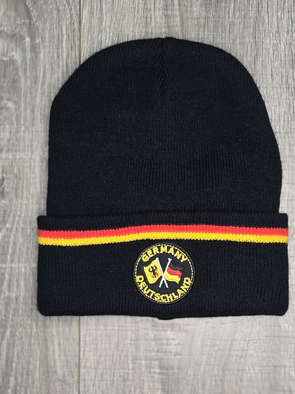 Germany Deutschland Black Knit Beanie Red Gold Stripe Embroidered Flag Tab.